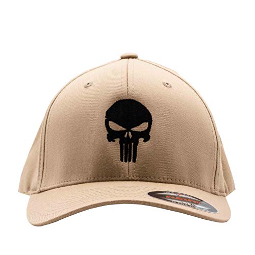Café Viereck ® Czapka z daszkiem Wooly Combed – haftowana ze znakiem Punisher – dla mężczyzn i kobiet, Beżowa czapka z czarnym Punisher, 54/56 cm