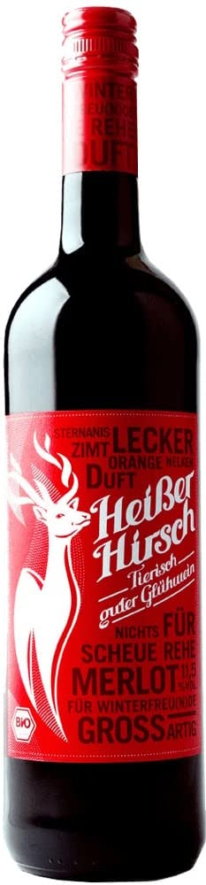 12er Vorteilspaket - Roter Bio-Glühwein - Heißer Hirsch | veganer Glühwein | roter Glühwein aus Deutschland in Bio-Qualität | 12 x 0,75 Liter