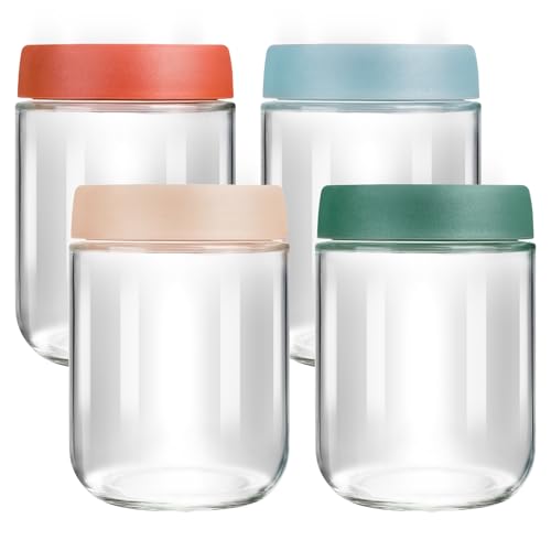 VINATO Pack de 4 Tarros de Cristal con Tapa 480ml, Tarros Cristal Herméticos, Botes con Tapa, Overnight Oats Jar, Frascos Alimentación