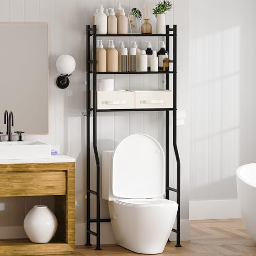 GloTika 3 Tier Over The Toilet Storage Rack with 2 Basket, Metal Freestanding Bathroom Shelves Toilet with Paper Holder and 4 Hooks, Over Toilet Storage Shelf for Bathroom Storage, Black