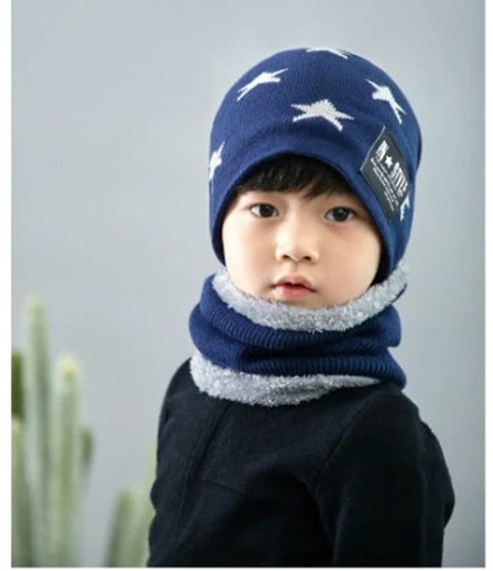 FabNext� Kids Winter Warm Acrylic Wool Hat with Scarf Set, Warm Fleece Knit Beanie Cap Scarf Mask for Boys (9-15 Year) Blue Color - Image 3 thumbnail