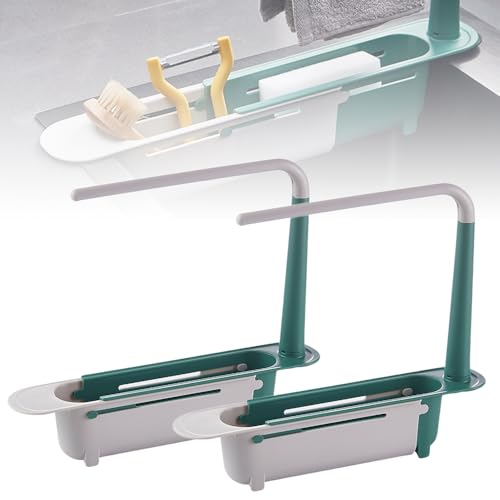 2026 Updated Telescopic Sink Storage Rack, Ajustable Organizador Telescópico de Fregadero de Cocina, Expansible 2 en 1 Escurridor de Fregadero, Porta Esponja y Jabón para Cocina en Casa (C - Verde - 2 piezas) miniatura 1