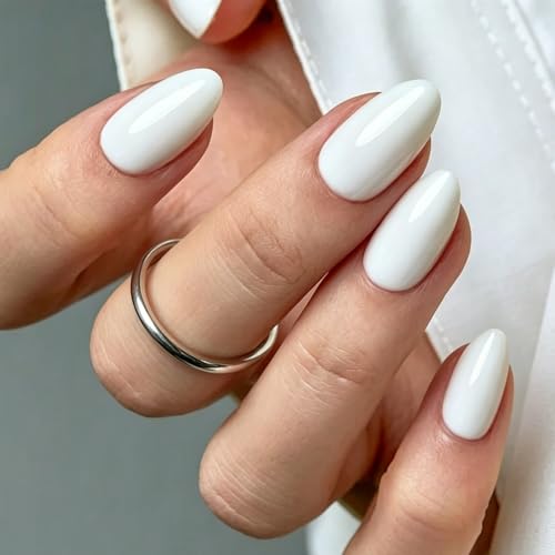 Modelones White Press on Nails Almond Short Almond Fake Nails Reusable Nail Kit with Nail Glue Adhesive Tabs Mini Nail File Nails Press Ons 32Pcs 16 Sizes Women Girl Gift