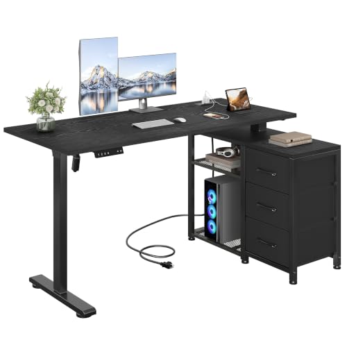 Image of 47 Inch L Shaped Desk with 3 Drawers Electric Standing Desks Black | with Storage Computer Table Adjustable Height with Power Outlets 4 Memory Presets for Home Office, Black