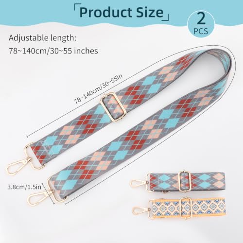 Image of 2 PCS Purse Strap,1.5 inch Wide Shoulder Strap Adjustable Replacement,Replacement Crossbody,Retro Multi pattern Crossbody Bag Straps for Handbag, Crossbody Bags, Shoulder Bags(lozenge pattern)