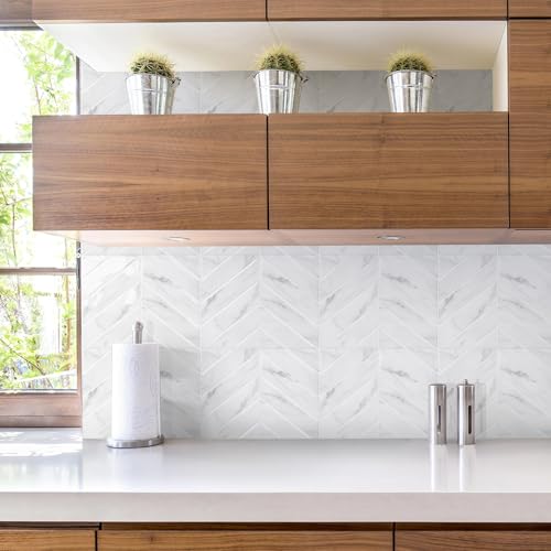 STICKGOO 10 Sheets Thicker Herringbone Peel and Stick Backsplash, 12.6”×9.7” Stick on Wall Tiles, Self Adhesive Tile Sticker for Kitchen Backsplash and Bathroom, White Marble by STICKGOO - Used condition - Image 3