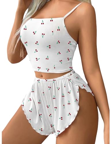 Avidlove Women Cami Pajama Set Sexy Sleepwear Ribbed Sleep Set Short PJ Soft Lingerie Set White Cherry Medium