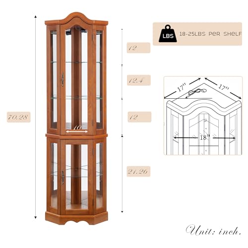 CKEASEAN Corner Curio Cabinet, 70.5" Lighted Glass Display Case with 5 Adjustable Tempered Glass Shelves, Light Bulb Included, Wine Cabinet Rack for Bar and Liquor Storage (Oak) - Thumbnail 7