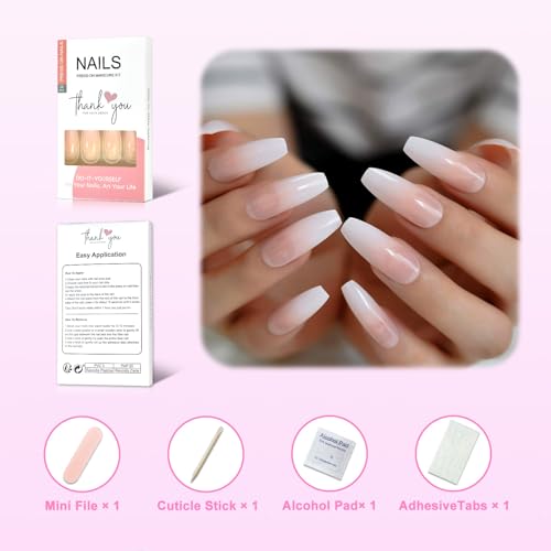 CoolNail Ombre Gradient Pink Nude White French Ballerina Press on False Nails Extra Long Natural Coffin UV Gel Glue On Fake Fingers nails - Thumbnail 2