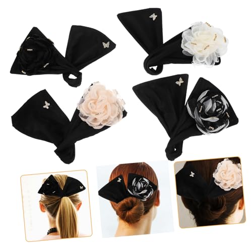 FOYTOKI 4個絹?花?発飾 ヘアバンメーカー 簡単お団子作り かわいいヘアアレンジ 花柄デザイン お洒落なヘアスル 黒 白 杏 白