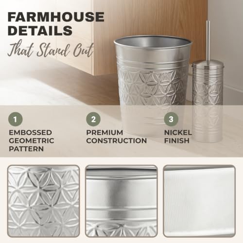 Image of Autumn Alley Brushed Nickel Bathroom Trash Can and Toilet Brush Set - 2-Piece Silver Metal Bathroom Accessories Set, Modern Farmhouse & Transitional Bathroom Decor