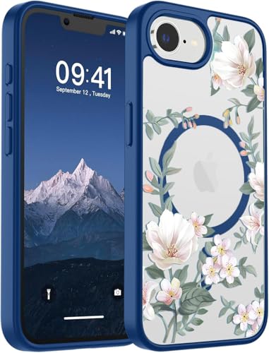 Image of VONZEE Compatible with iPhone 17e / iPhone 16e /SE4, Luxury Retro Flowers Floral Clear for Magnetic Wireless Charging Case Shockproof PC+TPU Cute Glossy Shiny Cover for Girls Women, Navy Blue