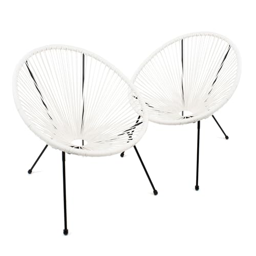 THE SECRET HOME - Set de 2 Sillas Acapulco en Ratán para Jardín - Alto. 89 cm x Largo. 78 cm x Ancho. 72 cm - Silla de Acero - Asiento de Exterior para Balcón, Terraza y Jardín (Blanco)