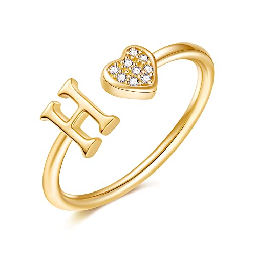 Image of Initial Rings for Teen Girls - S925 Heart Sterling Silver Rings for Teen Girls | 14K Gold /Rose Gold /Sterling Silver Plated Ring for Girls Kids Women Ring for Teenager Girls Gifts Adjustable, No Tarnish, Hypoallergenic
