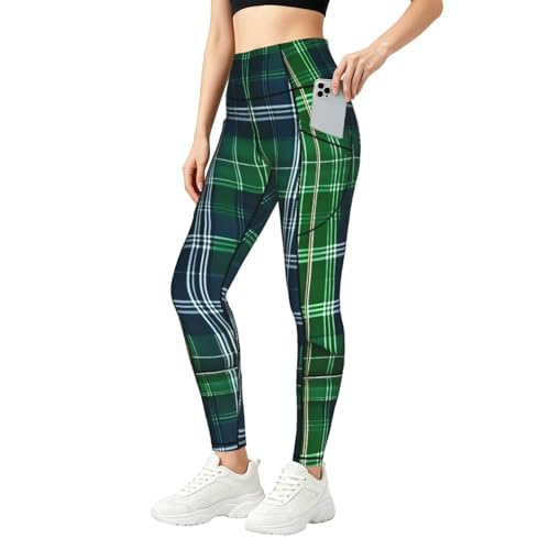 Mallas deportivas de tartán escocés azul que no se bajan: leggings con bolsillos útiles