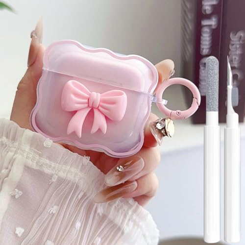 Cute AirPods 3rd Gen Clear Case, Girly 3D Bow Design Soft TPU Protective Shockproof Kawaii Airpods 3rd Generation Skin Cover with Cleaner Kit & Keychain Girls Women for Apple iPod 3 Gen - Pink Bow