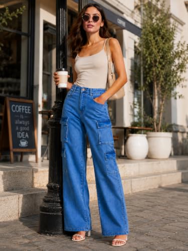 Image of GRECIILOOKS High Waist Jeans for Women - Wide Leg Straight Fit Denim | Baggy Cargo Style Casual Pants for Girls & Daily College Wear
