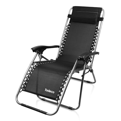 Todeco Chaise Longue Transat Jardin Plein Air, Transat de Plage Pliable, Bain de Soleil avec Repose-tête, d’accoudoirs Réglables, Chaise de Camping en...