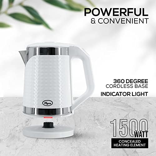 Nyra Electric Kettle, 1500W Boil Dry Protection & Auto Shut Off 1.8L 360 Degree Cordless, Portable & Stainless Steel Fast Boil Jug Kettle for Hot Water Tea or Coffee (Silver White)