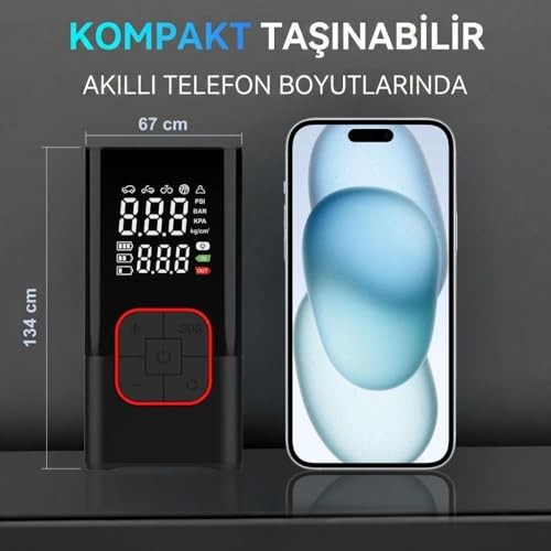 KOBB KB412 Şarjlı Dijital Lastik Şişirme Pompası, 150 PSI, Powerbank, LED Lamba, Li-ion, 1800mAh, 13x6.5x5 cm