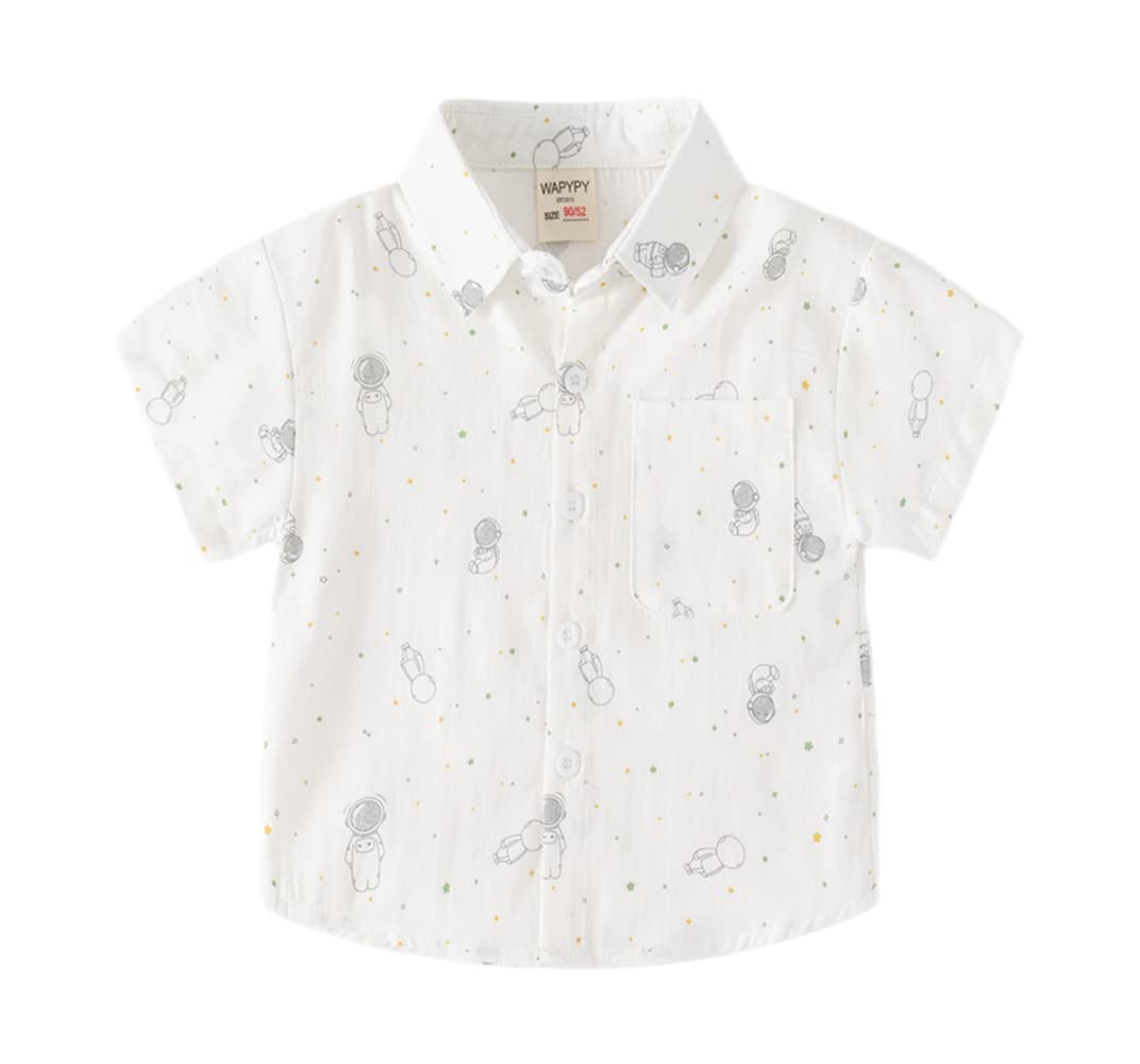 Irsutey Toddler Boys Girls Cotton Summer Button Down Lapel Shirt Short Sleeve Cute Cartoon Comfy Kid Pocketed T Shirt (White,90/18-24 M,Unisex,Big Kid,US,Age,18 Months,24 Months)