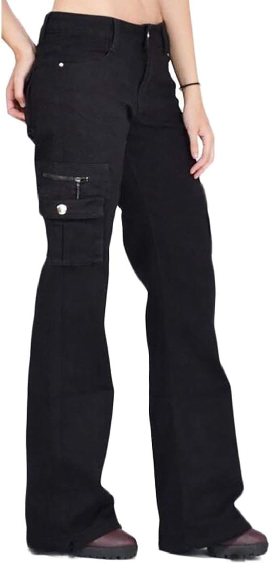 Sweatwater Women's Outdoors Mid Rise Stylish Multi Pocket Boot Cut Long Cargo Pants Black Large