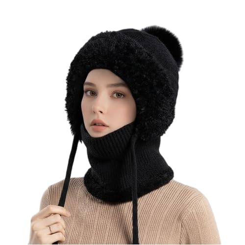 Lxitoler Balaclava Damen Wintermütze Strickmütze Skull Cap Mit Kordelzug Warmer Kapuzenschal Mütze Gesichtsmaske Winter Plüsch Skimütze 2 In 1 Strickmütze