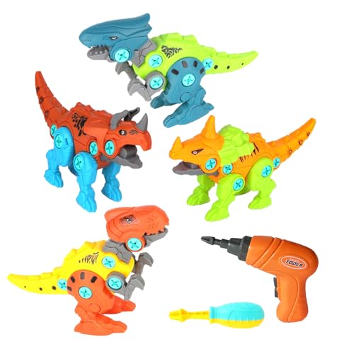 MISS. CHEN 7&7 4-in-1 Take Apart Dinosaur Toys with Electric Drill for Kids 3+, Includes Tyrannosaurus Rex, Triceratops, Velociraptor, Educational Building Set