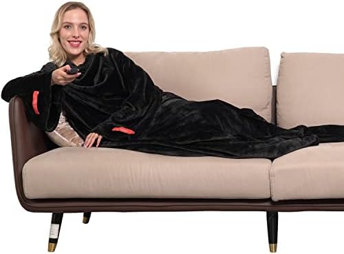 Winthome Wearable Blanket with Sleeves. Soft and Warm for Sofa Lovers. Two Sizes, with Elastic Cuffs, Hook and Loop Fastener (Blue, 140x170cm)