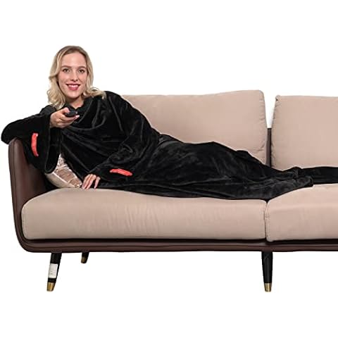 Winthome Wearable Blanket with Sleeves. Soft and Warm for Sofa Lovers. Two Sizes, with Elastic Cuffs, Hook and Loop Fastener (Black, 140x170cm) Cover