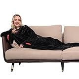Winthome Decke mit Ärmeln, Kuscheldecke Weich Kuschelig Warm, Sofadecke Fleecedecke mit Klettverschluss und Gummibänder, Anziehbare Blanket für Winter Geschenke, Heizkosten Sparen (Schwarz, 140x170cm)