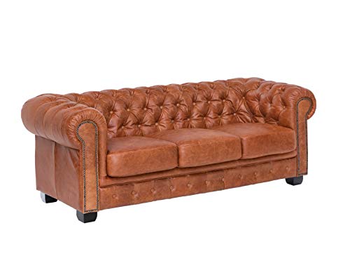 Woodkings® Chesterfield Sofa 3-Sitzer Vintage Echtleder Couch Bürosofa Polstermöbel 3 Sitzer antik Designsofa Federkern Unikat Herrenzimmer englisches Leder Stilsofa Clubsofa (Cracker braun)
