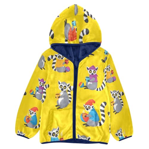 Lemur Pattern with Bright Toddler Fleece Jacket Girl Boys Hooded Fleece Jacket Coat Warm Outwear Zip-up 3-10T