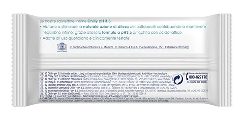 Chilly Salviettine Delicate, Salviette per l'Igiene Intima, Azione di Difesa, Tessuto 100 % Biodegradabile, Ottime Fuori Casa, pH 3.5, Clinicamente Testato, Confezione da 12 Salviettine