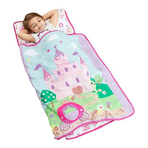 EVERYDAY KIDS Toddler Nap Mat with Removable Pillow -Princess Storyland- Carry Handle with Fastening Straps Closure, Rollup Design, Soft Microfiber for Preschool, Daycare, Sleeping Bag -Ages 2-6 years