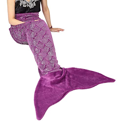 LANGRIA Mermaid Tail Blanket for Adults and Children Soft Warm All Season Snuggle Sleeping Life-Like Little Mermaid Glittering Flannel Throw Blanket for Bed Sofa Couch (60 x 25 inches, Dark Purple)