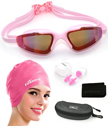 Firesara Swim Cap Swimming Goggles, Swimming Cap for Long Hair Swimming Glasses Anti Fog UV Protection for Adults Youth Men Women Boys Kids with Nose Clip Ear Plugs Sets (Pink), Pink