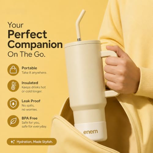 Image of enem Tumbler, Minimal Latte, Tumbler with Metal Straw, Sipper, with Lid Leak Proof, 1 Metal Ice Cube, 1 Copper Spring (Tamba), Base Protector, Mug Travel, 1.2L