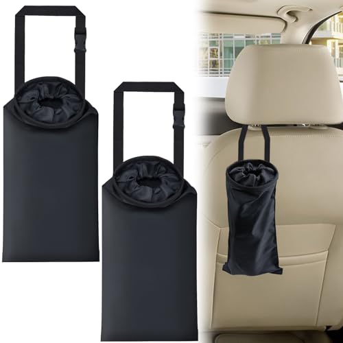 2 PCS Car Trash Bags, Washable Car Garbage Bag Hanging, Detachable Trash Can with Top Elastic Vent & Sticky Strap Bottom Opening, Seat Back Tash Bag for Cars,Travelling,Outdoor
