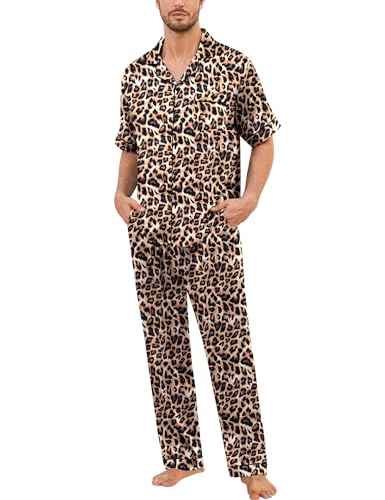 SWOMOG Mens Silk Pajamas Set Satin Pj Set Short Sleeve Sleepwear Button Down Lounge Set with Drawstring & Pockets S-3XL