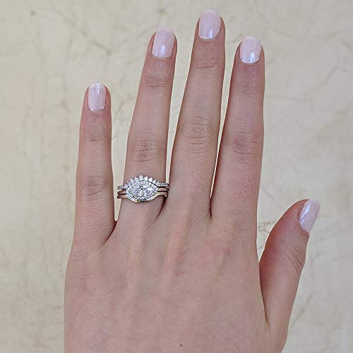 Twobirch 18K White Gold Microplated East West Marquise Three Ring Bridal Set With Plain Contour Band And Tiara Prong Style Curved Ring (925 Silver, Size 7) #TOP5
