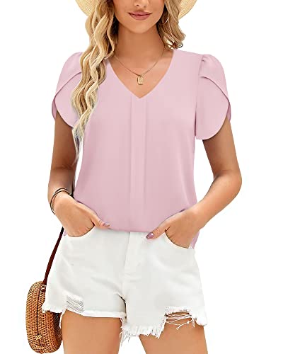 Gaharu Blouses For Women Business Casual Spring Blouses Chiffon V Neck Short Sleeve Work Shirts Pleated Office Top Rose Pink,M #TOP2