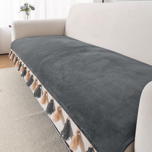 Image of HOKIPO Premium Holland Velvet Sofa Cover with Tassel for 1 /2 /3 Seater & L Shape Sofa | Make Your Own Set, 'TasselTone Series' Sofa Mat, 70(W) x 90(L) cm, Graphite Grey (IN-1105-DGRY)