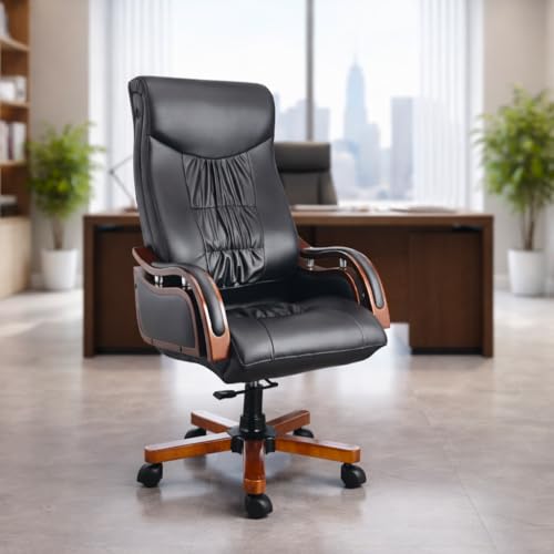 Image of Lakdi The Furniture Co Premium Leatherette Office Chair, High Back Ergonomic Home Office Executive Chair with Cushion Seat & Heavy Duty Wooden Handle and Base Presidential Revolving Chair (Brown)
