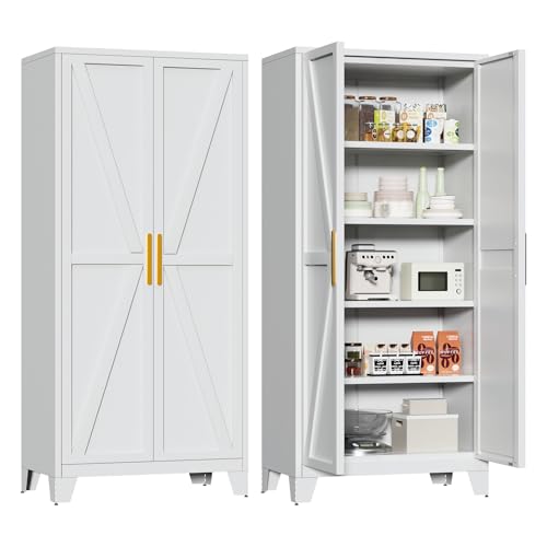 Image of Bevivog 71 inch Kitchen Pantry Cabinet, Metal Storage Cabinet with 2 Doors and 4 Adjustable Shelves, Farmhouse Tall Food Cabinet Pantry Shelves Storage for Kitchen, Home Office, Living Room, Laundry
