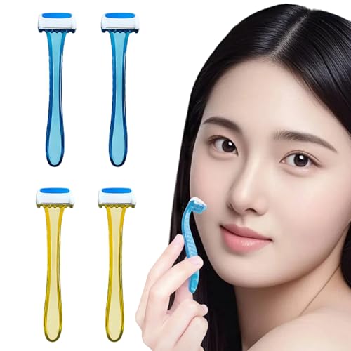 KERURU カミソリ 顔用 T型 レディース 1枚刃 切り傷防止 ミニサイズ ステンレス製 ムダ毛処理 ボディ用 体毛処理 使い捨て ムダ毛処理 携帯用 (ブルー2個 イエロー2個)4点セット