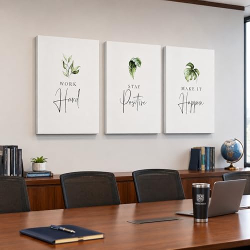 3 Piece Inspirational Wall Art, White Plants Sayings Picture, Quotes Work Stay Make it Canvas Prints for Office Decor, Triptych Entrepreneur Framed Artwork for Women Men Home Wall Decor (72" Wx36 H)