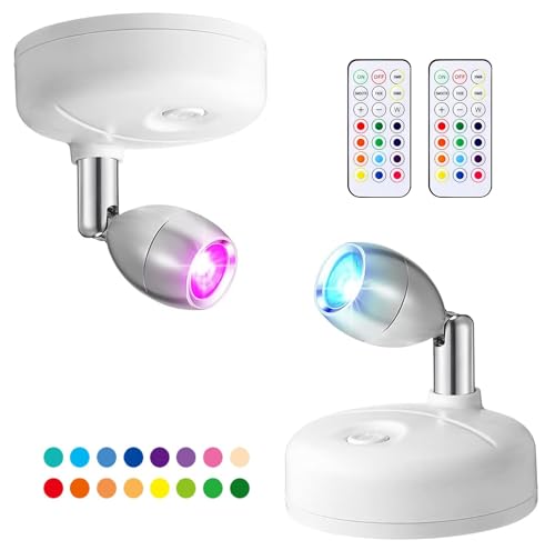 LED Wireless Spotlight with Remote Control, RGB Battery Spot Lights Indoor Art Lights for Paintings Color Changing Mini Picture Light Dimmer Timer Wall Light for Hallway Cupboards,Bedroom(2)