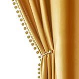 MIULEE Mustard Yellow Pom Pom Velvet Curtains for Fall Bedroom/Living Room Darkening Thermal Insulating 84 Inches Long Blackout Curtains with Rod Pocket for Kid Room/Nursery/Home Theater Set of 2