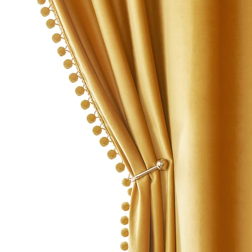 MIULEE Mustard Yellow Pom Pom Velvet Curtains for Fall Bedroom/Living